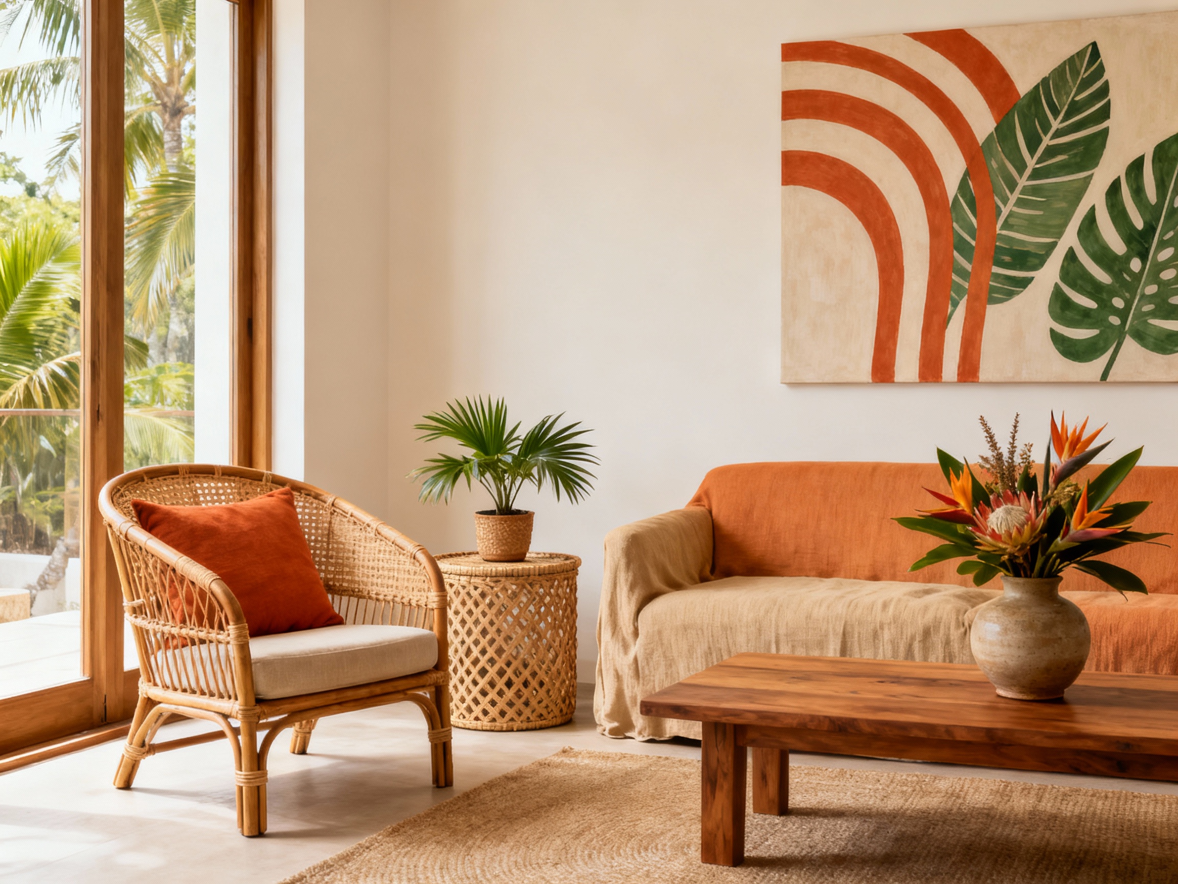 Tropisch-Japandi interieur met rotan meubels en wandkunst