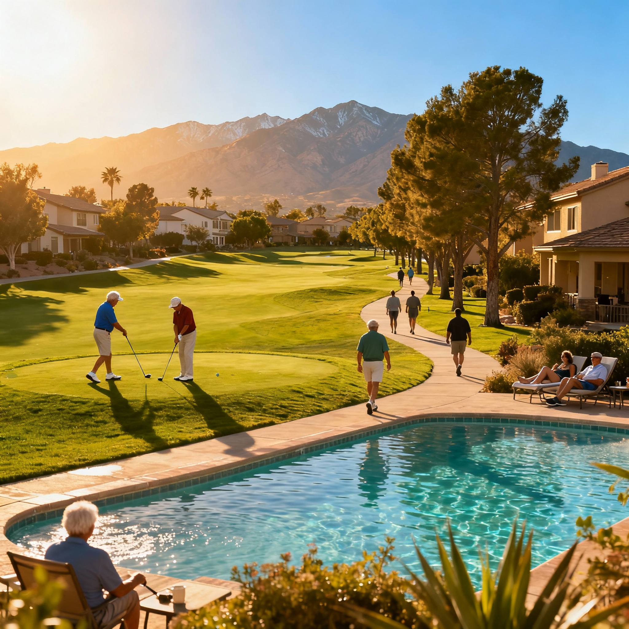 Henderson Nevada retirement lifestyle showing active seniors enjoying golf, recreation, and mountain views
