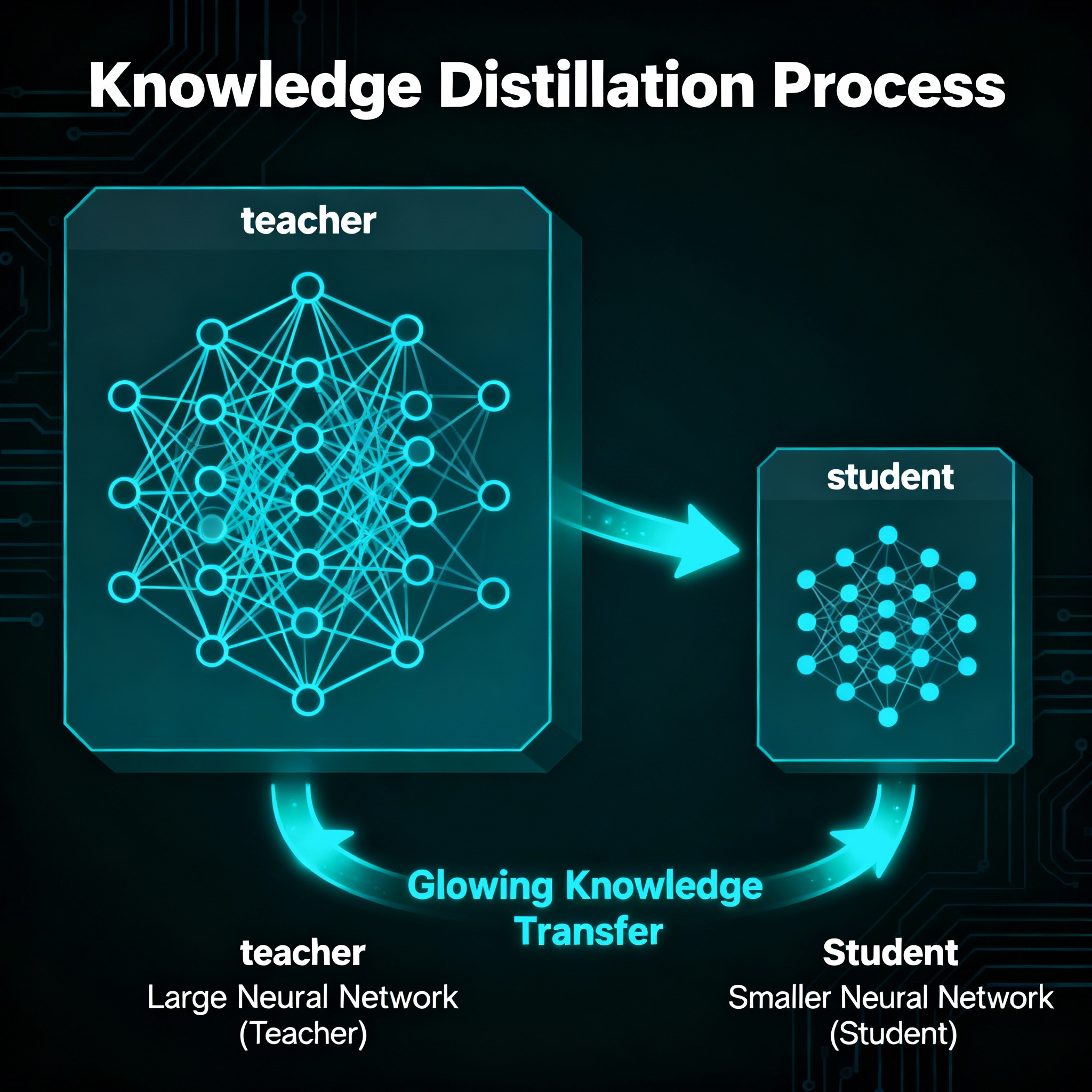 Diagram of knowledge distillation from a large neural network teacher to a smaller student model.