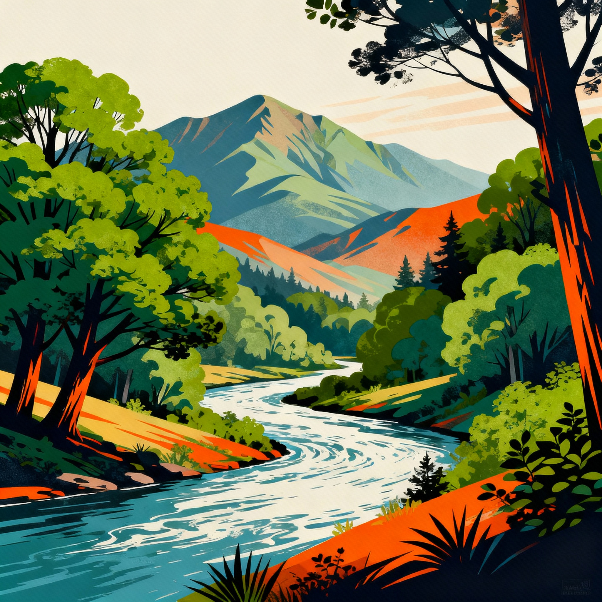 Nature-themed poster with trees, river, and mountains, artistic style, no text