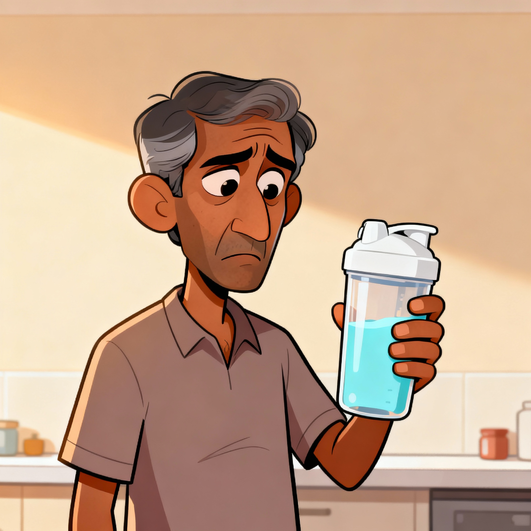 Worried Indian uncle holding protein shake
