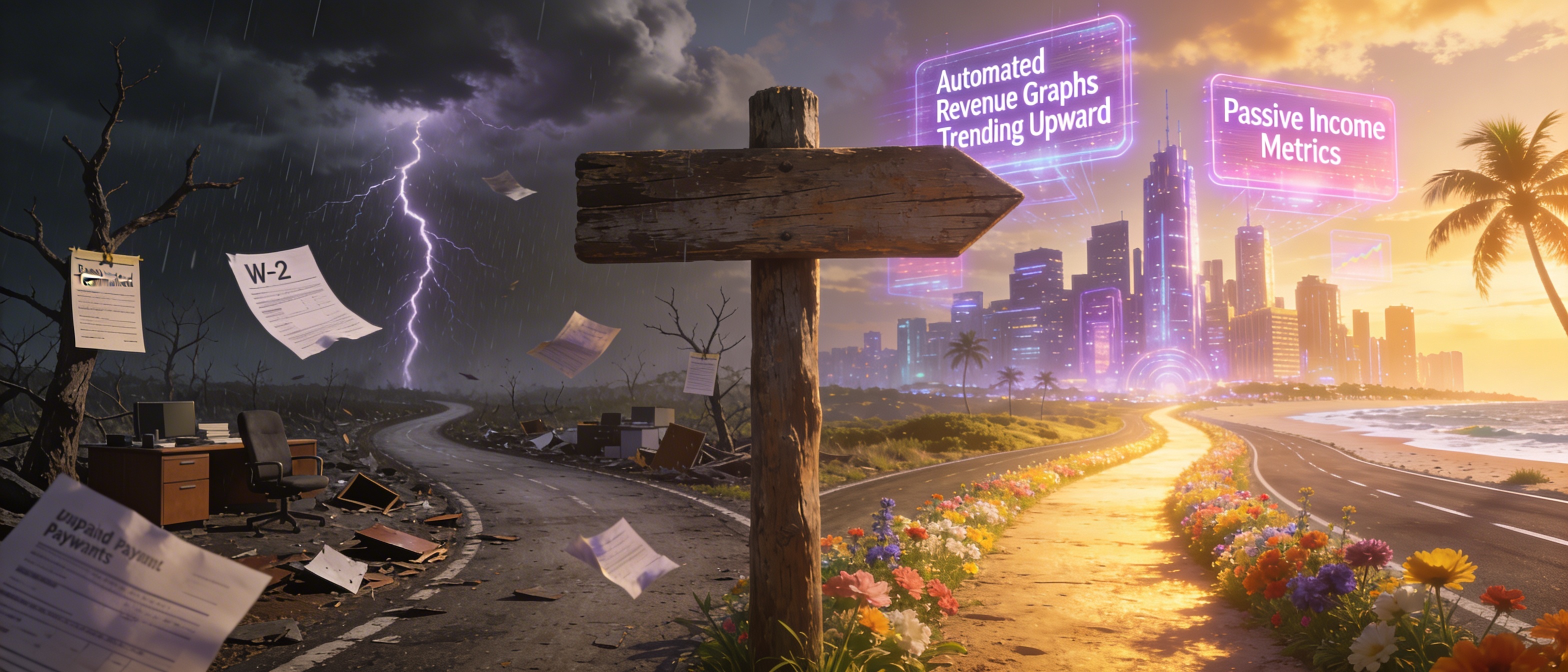 Photorealistic dramatic fork in road with signpost, left path shows dark stormy landscape with payroll bills and bankruptcy notices, right path shows bright paradise with automated revenue screens and freedom imagery