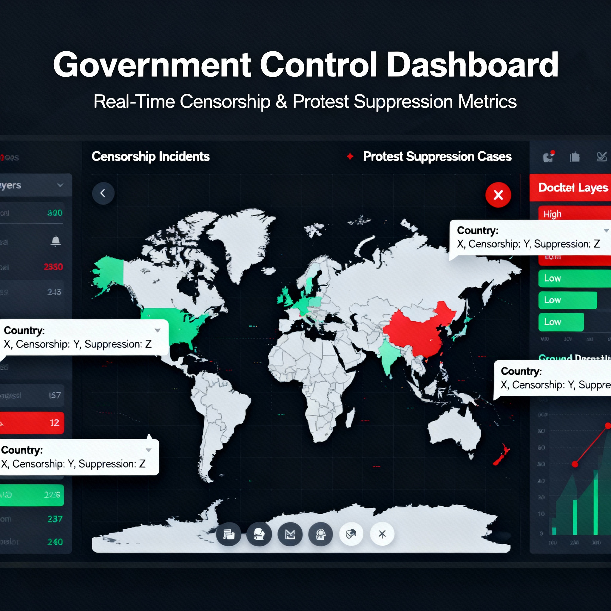 Global surveillance control dashboard monitoring digital dissent worldwide