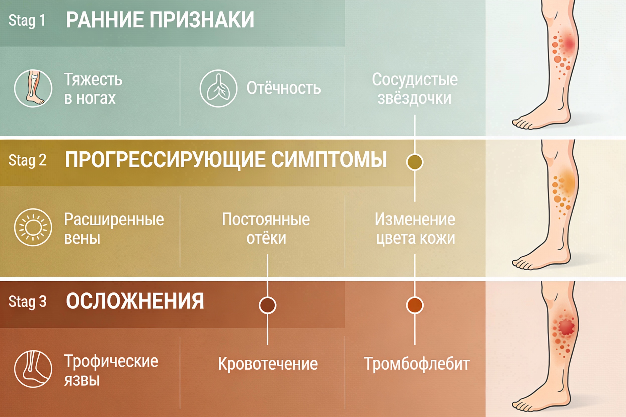 Прогрессия симптомов венозных заболеваний — инфографика