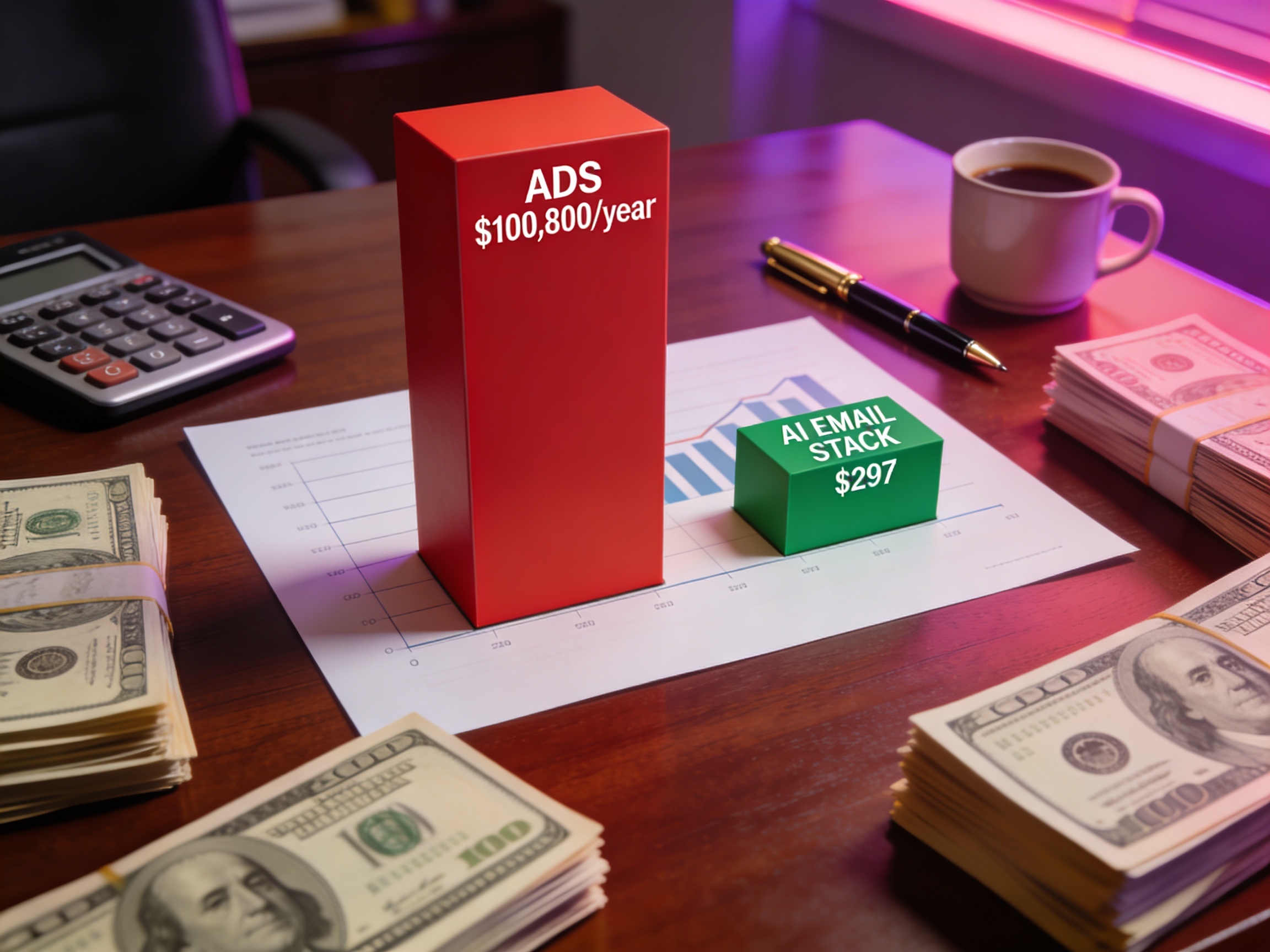 Photorealistic financial comparison bar chart on executive desk showing massive red bar for traditional ad spend at $100,800 per year versus tiny green bar for AI email stack under $300, with stacks of hundred dollar bills representing savings and pink purple neon accent lighting