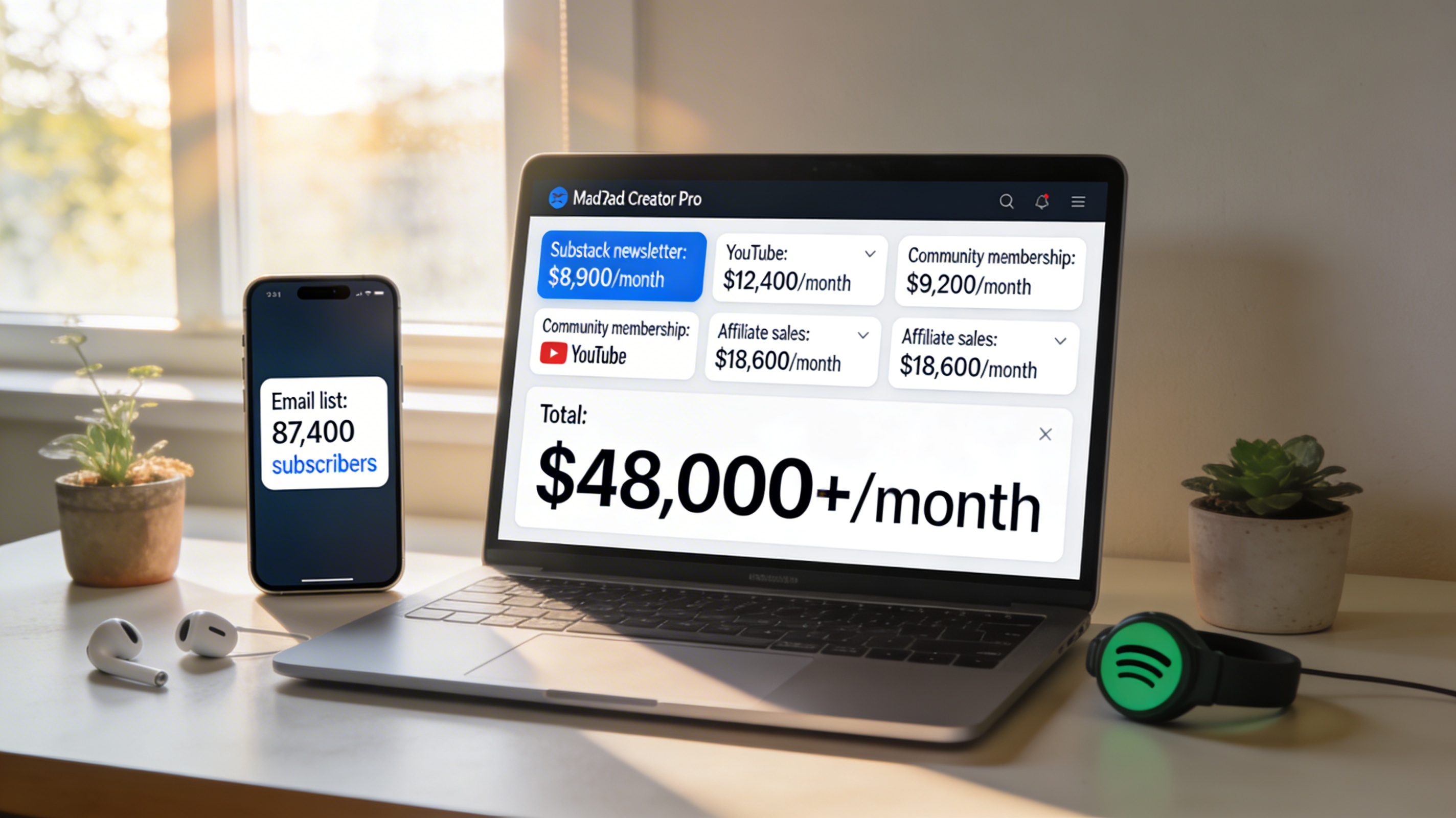 Photorealistic MacBook Pro displaying successful creator dashboard showing multiple revenue streams: ClawmateAI leads $3,200, BizoraAI email $8,900, RankBamboo YouTube $9,200, GPT Store Builder SaaS $18,600, total $48,000/month. iPhone showing 87,400 subscriber email list. Professional workspace with natural morning lighting.
