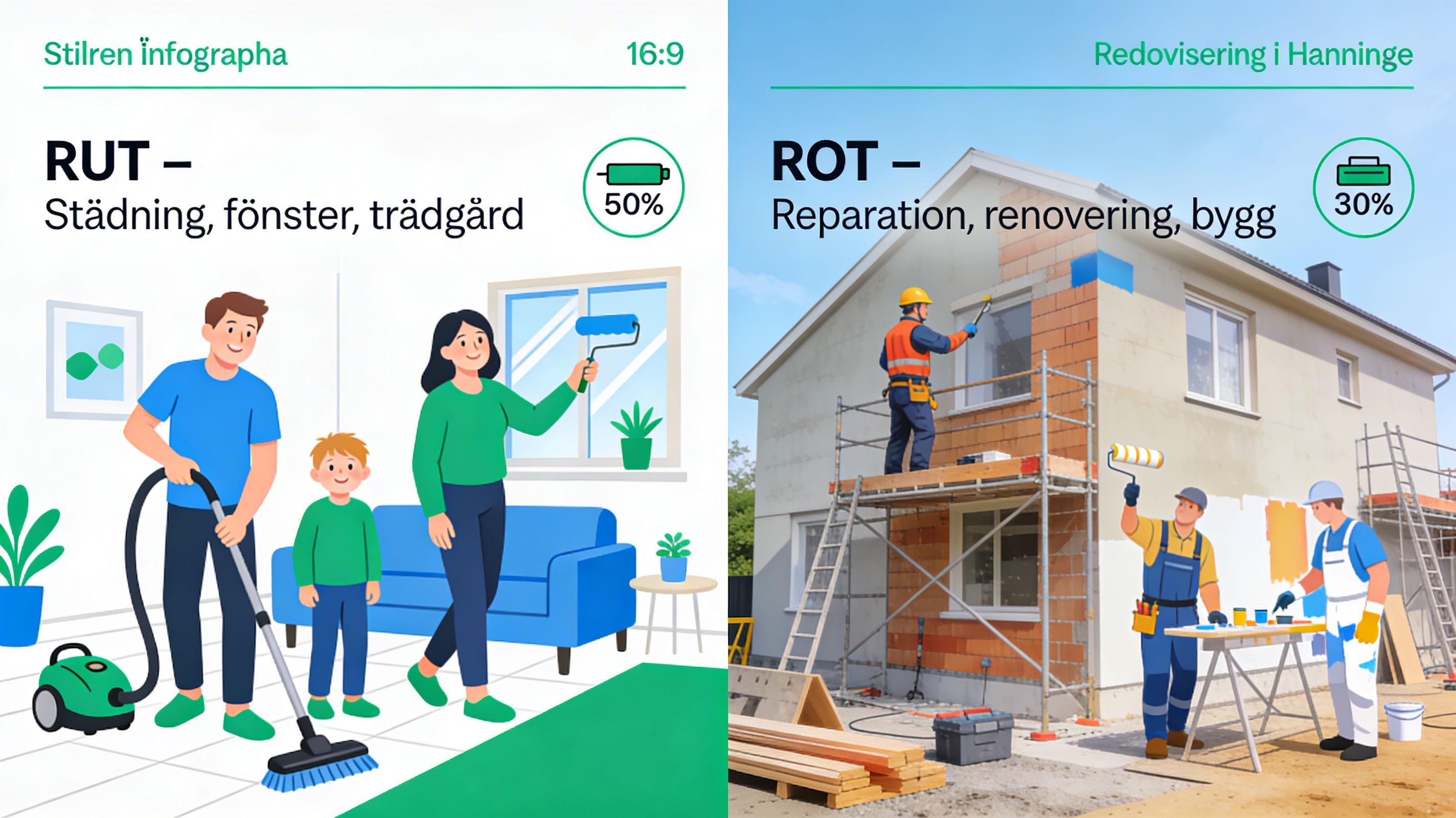 Illustration som visar skillnaden mellan RUT och ROT utan människor