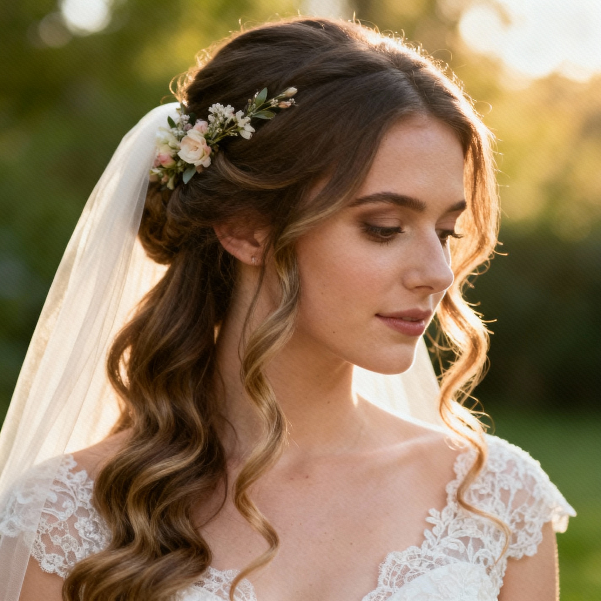 Romantic DIY wedding hairstyle with soft curls and natural waves