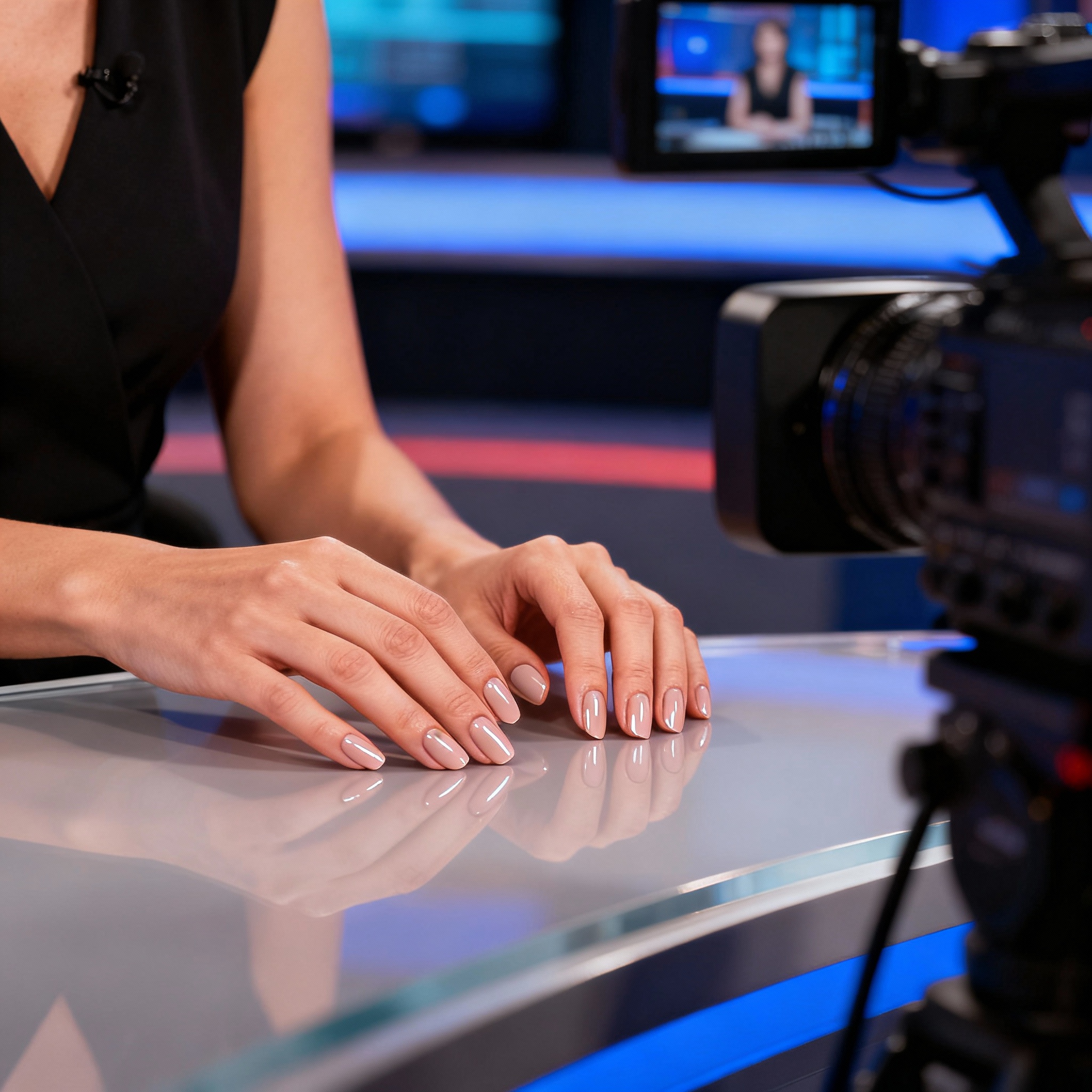 TV presenter displaying perfectly groomed nails during on-air broadcast with professional lighting