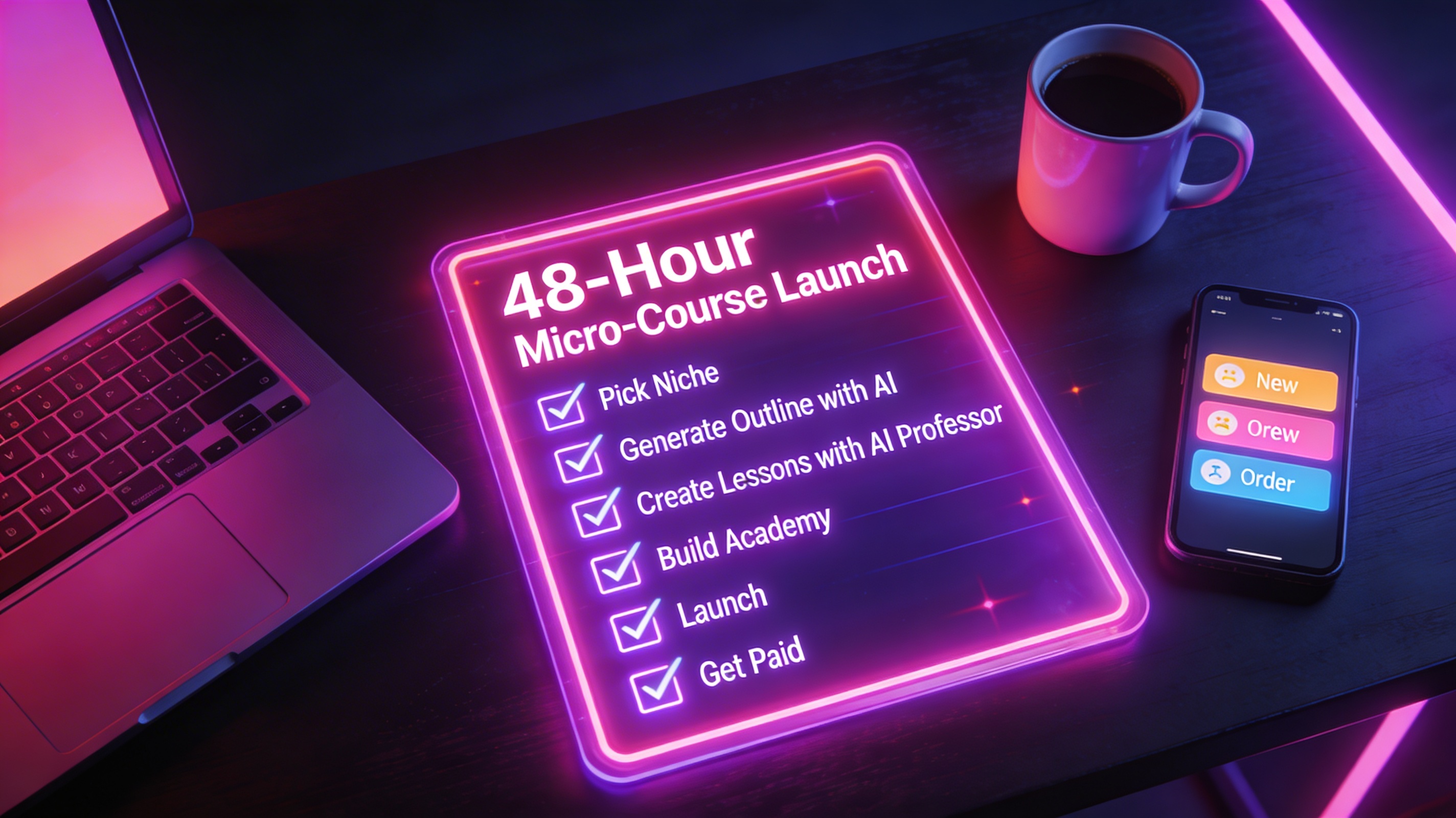 48-hour micro-course launch checklist with steps from idea to first sales.