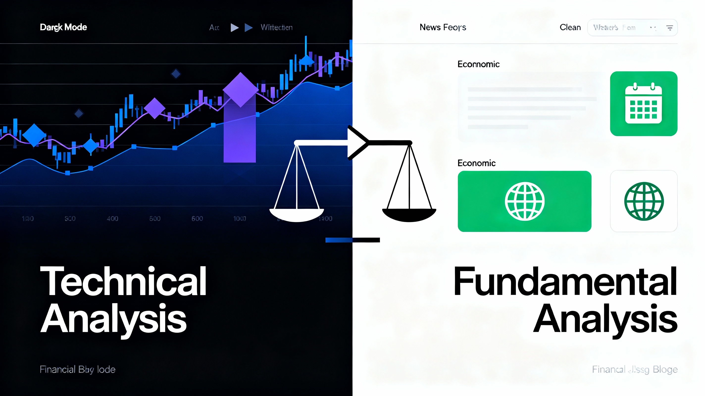 Comparison between technical analysis charts and fundamental news feed platforms